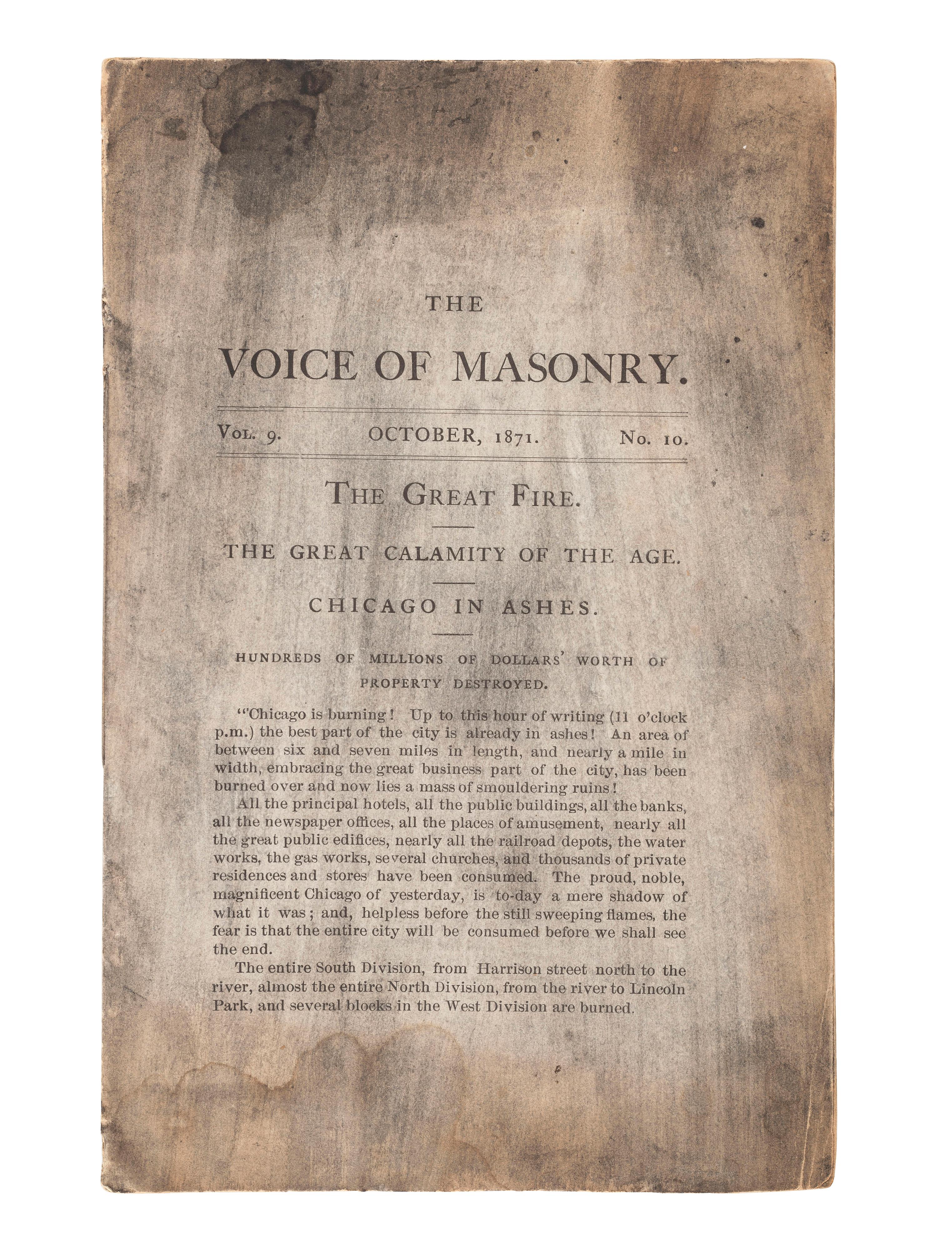 [CHICAGO FIRE]. BAILEY, John C.W. The Voice of Masonry. Vol. 9, No. 10. [Chicago]: [John C.W. Bailey], October 1871.