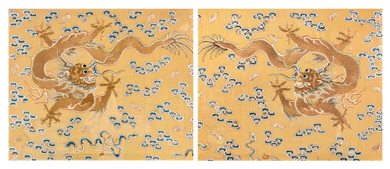 A Large Pair of Yellow Ground Gold Thread 'Dragon' Embroidery Silk Panels