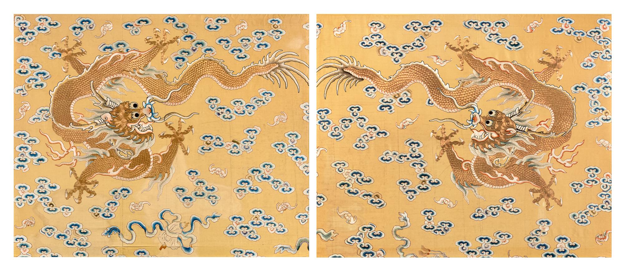 A Large Pair of Yellow Ground Gold Thread 'Dragon' Embroidery Silk Panels