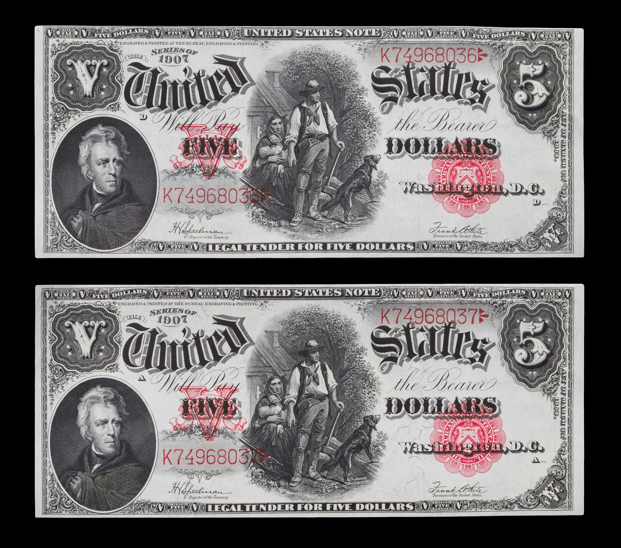 Two United States 1907 $5 Legal Tender Notes