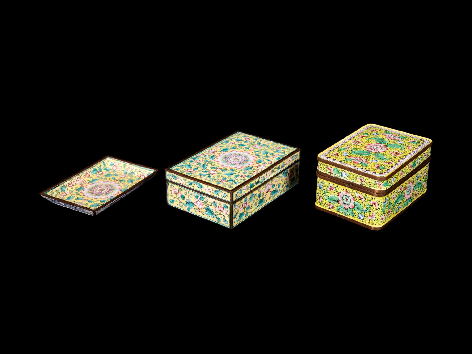 Three Chinese Yellow Ground Painted Enamel Articles