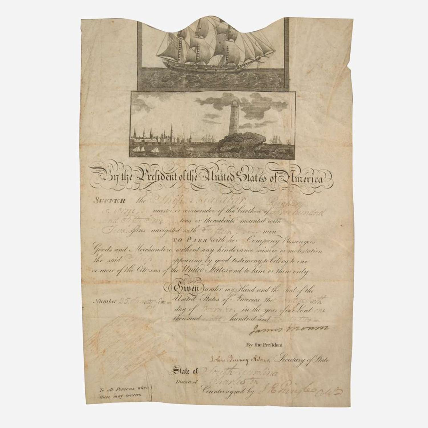 [Presidential] Monroe, James Signed Ship's Passport