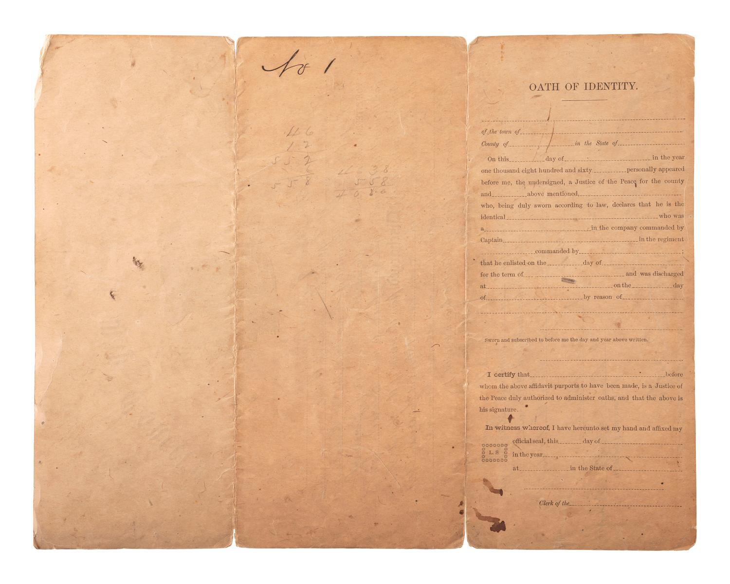[CIVIL WAR]. Discharge document for John R. Hartman, 3rd Iowa Cavalry and 56th USCT, signed by General Cyrus BUSSEY. Helena, AK, 14 August 1864.