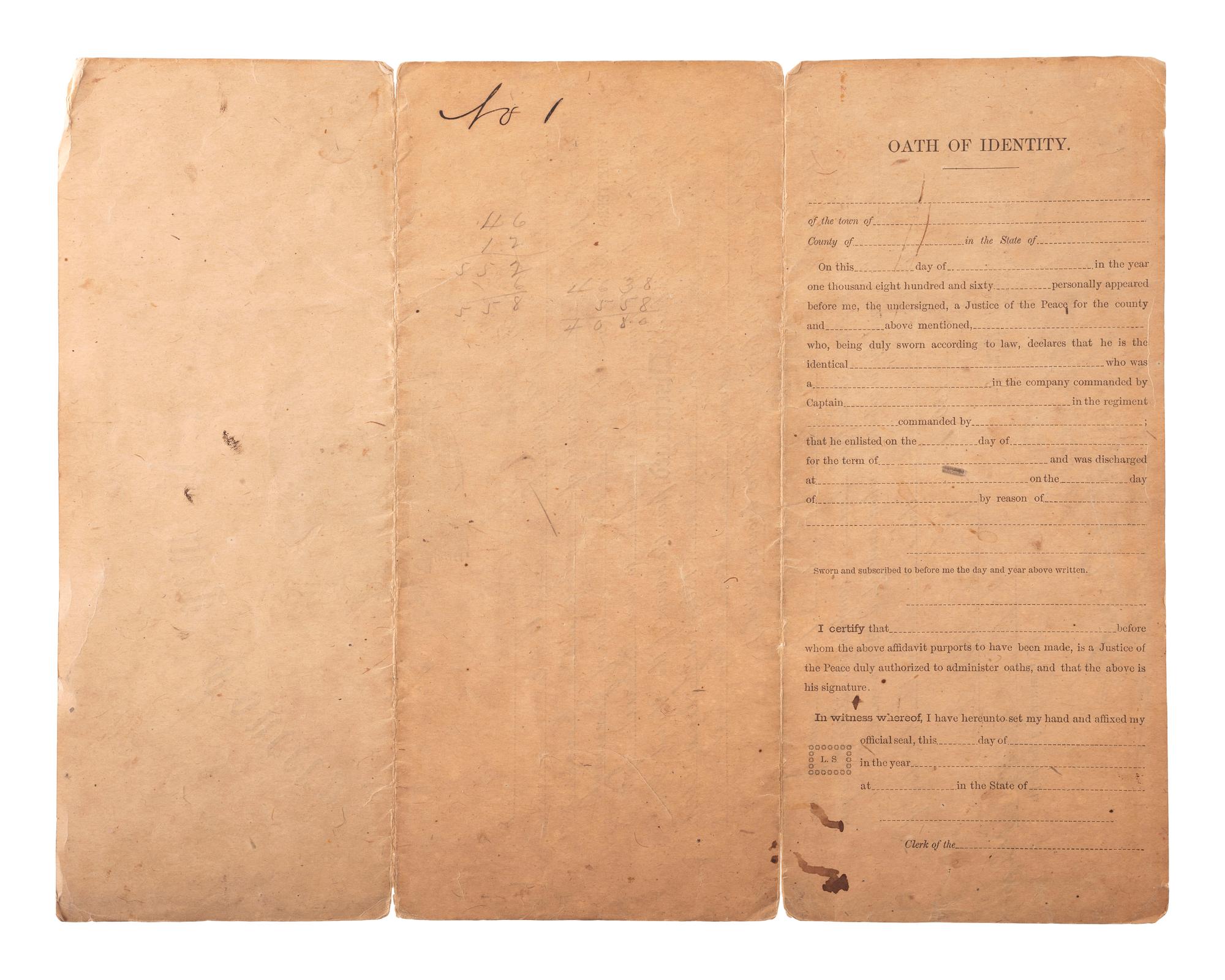 [CIVIL WAR]. Discharge document for John R. Hartman, 3rd Iowa Cavalry and 56th USCT, signed by General Cyrus BUSSEY. Helena, AK, 14 August 1864.