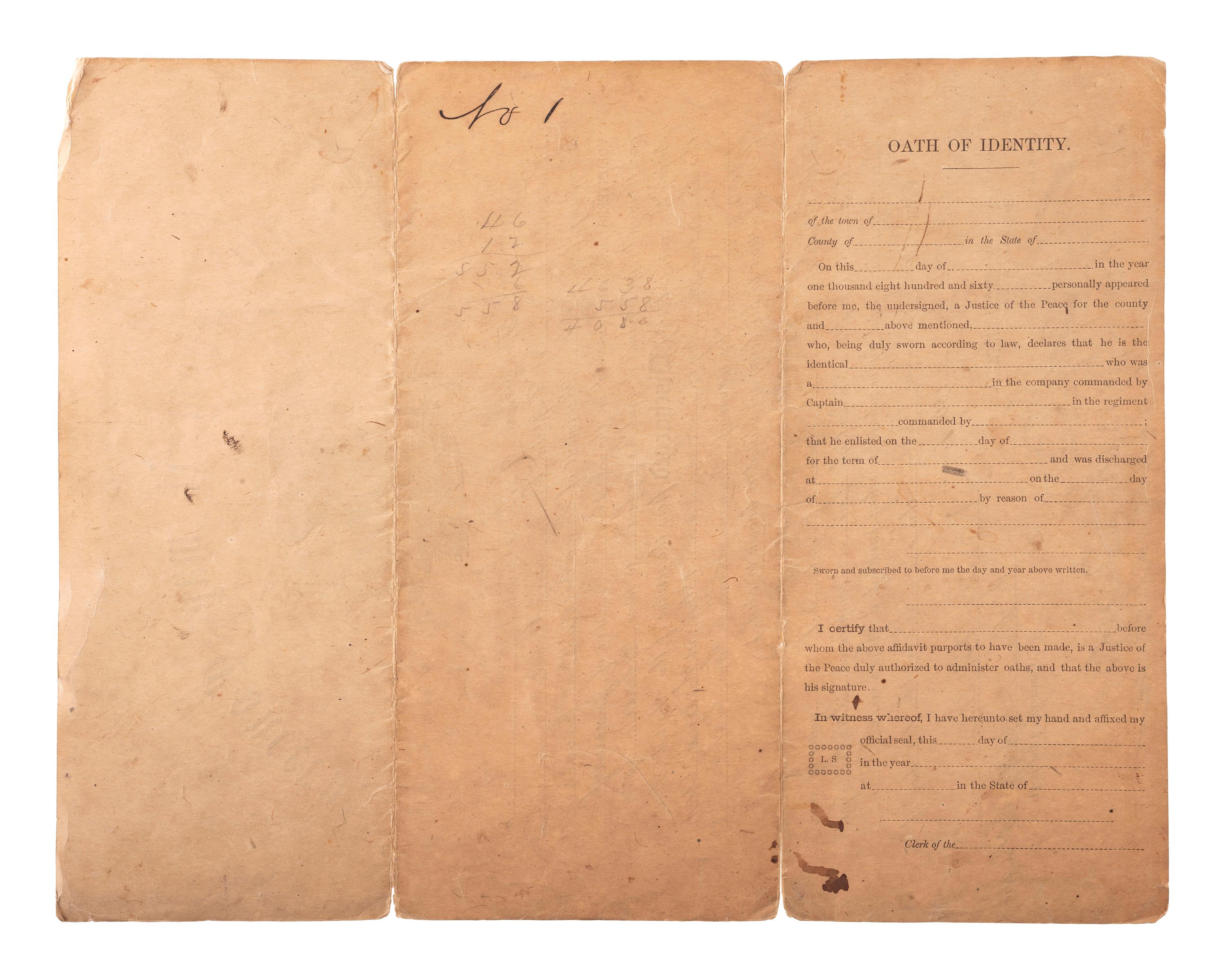 [CIVIL WAR]. Discharge document for John R. Hartman, 3rd Iowa Cavalry and 56th USCT, signed by General Cyrus BUSSEY. Helena, AK, 14 August 1864.