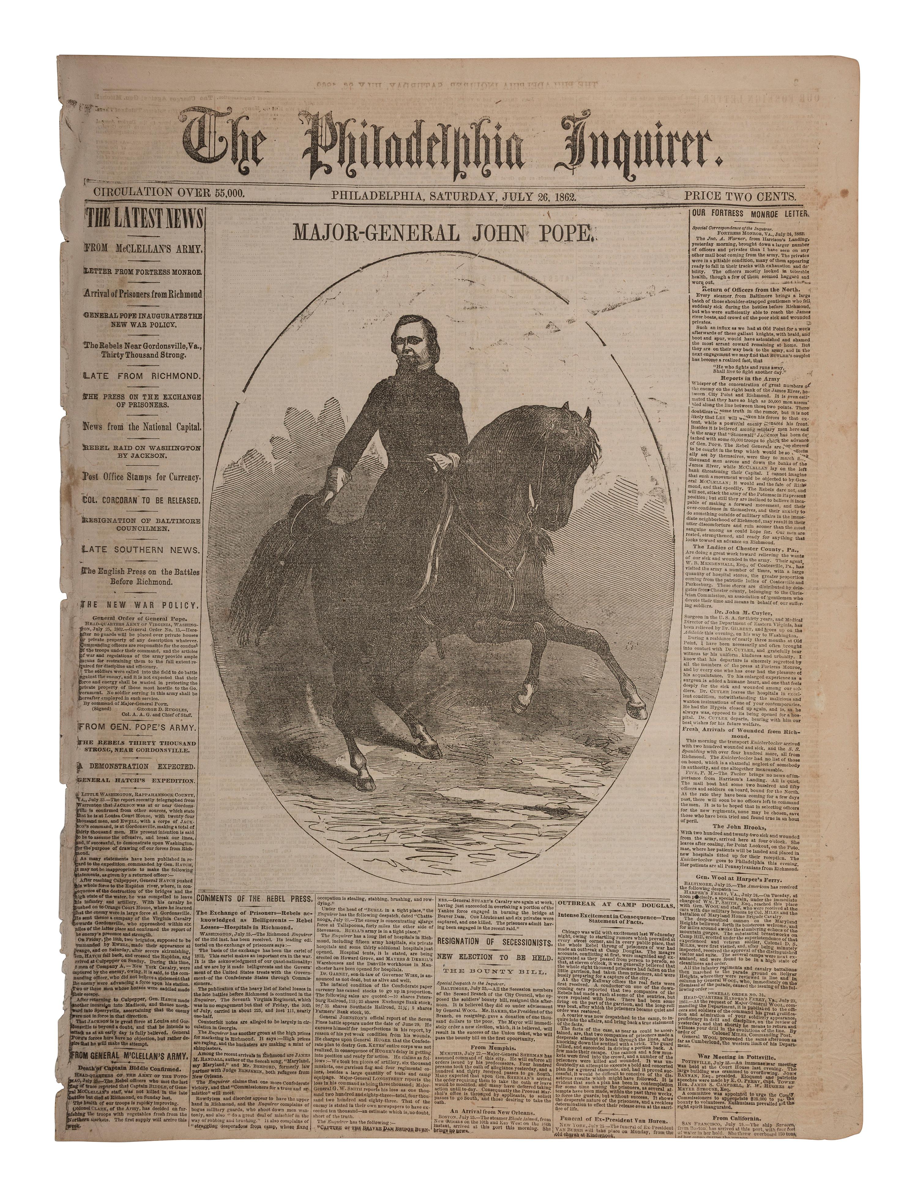[CIVIL WAR]. Two Civil War-era newspapers, incl. coverage of Second Bull Run and early report of Lee's expected surrender to Grant.
