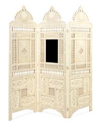 A Near Eastern Three-Panel Painted Hardwood Carved Floor Screen, Height of each panel 6 feet 3 inches x width 2 feet.