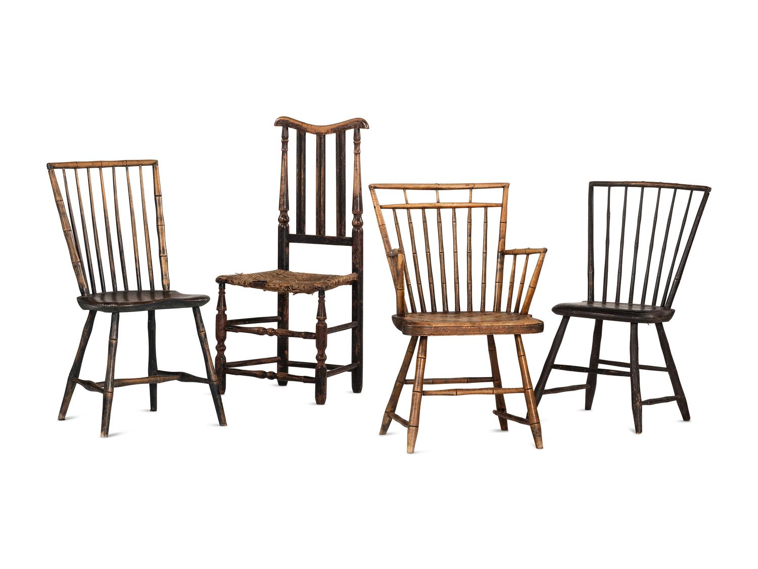 Three Windsor Side Chairs and a Bannister Back Chair