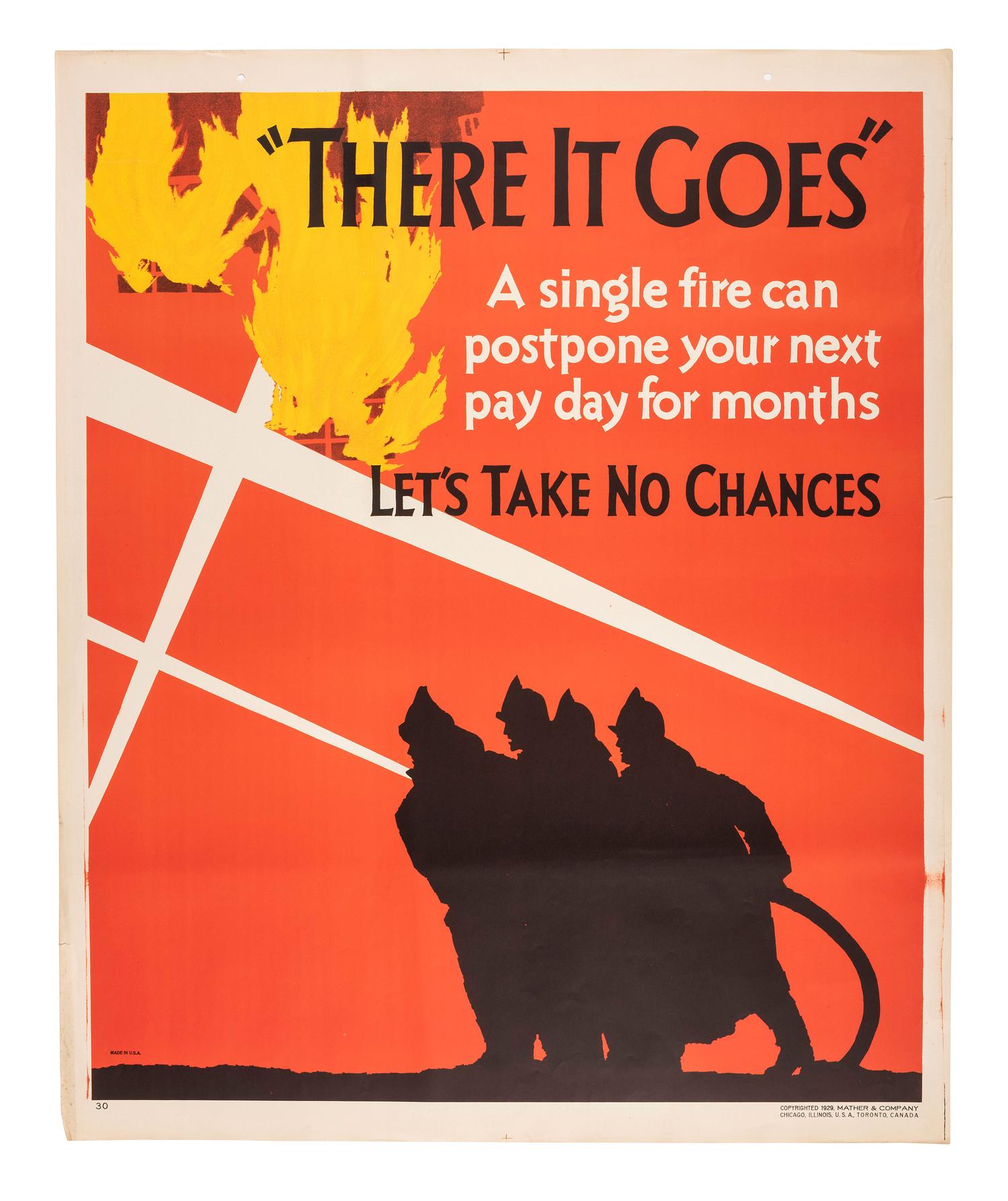 [POSTERS]. "There it Goes." A single fire can postpone your next pay day for months. Let's take no chances. Chicago: Mather & Co., 1929.