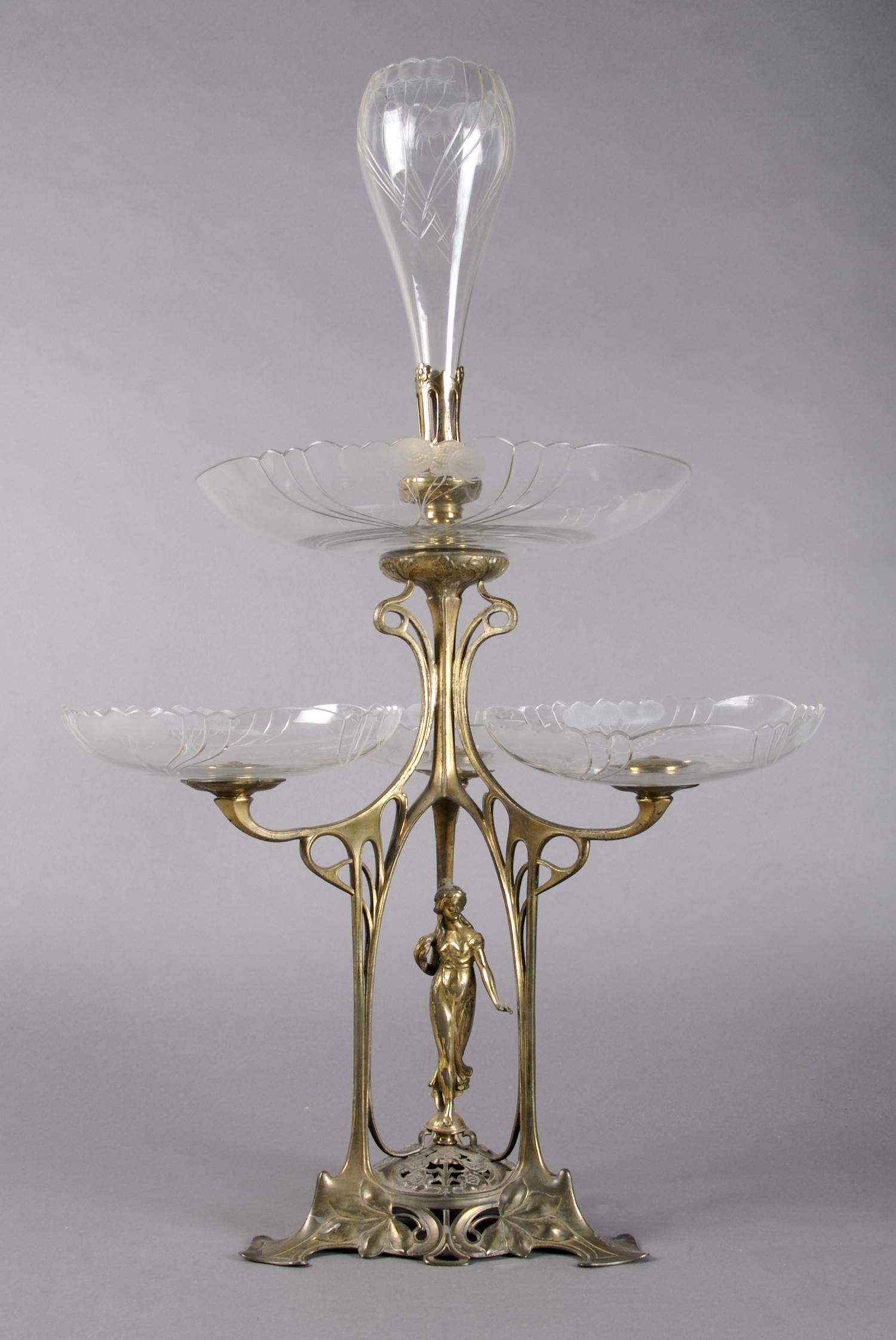 A Gilt Metal and Etched Glass Art Nouveau Epergne, Height 28 1/2 inches.
