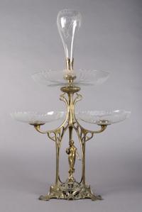 A Gilt Metal and Etched Glass Art Nouveau Epergne, Height 28 1/2 inches.