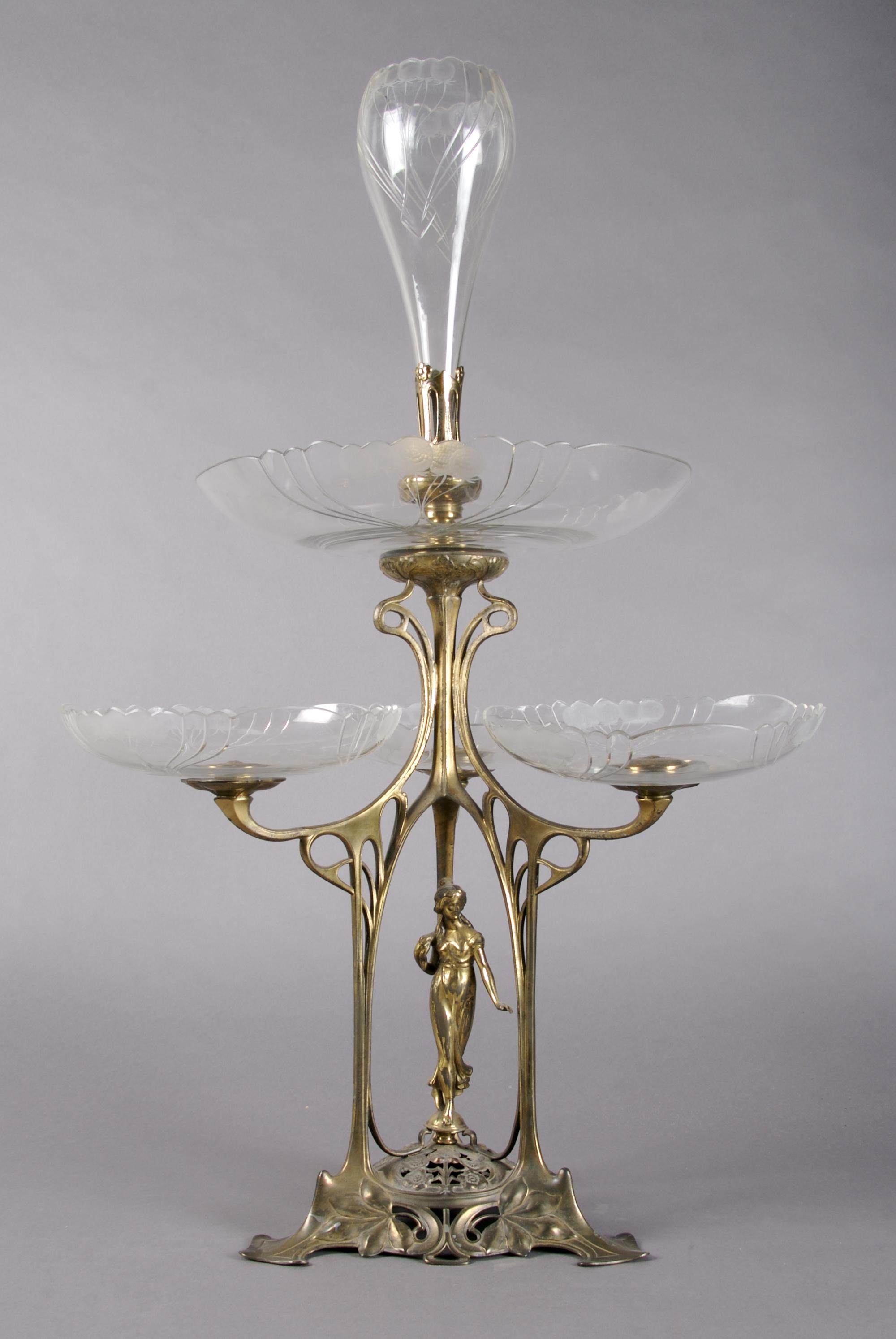 A Gilt Metal and Etched Glass Art Nouveau Epergne, Height 28 1/2 inches.
