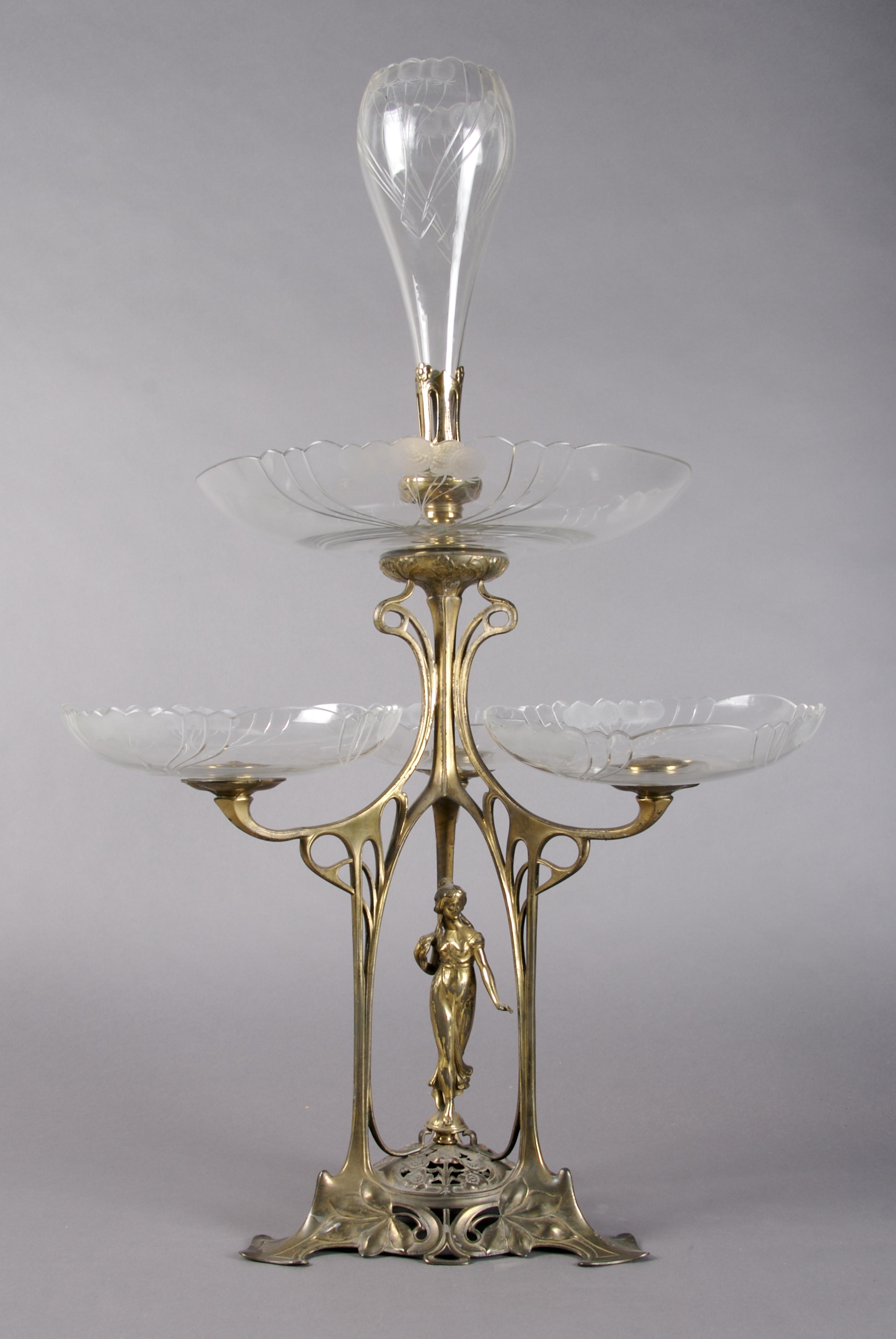 A Gilt Metal and Etched Glass Art Nouveau Epergne, Height 28 1/2 inches.