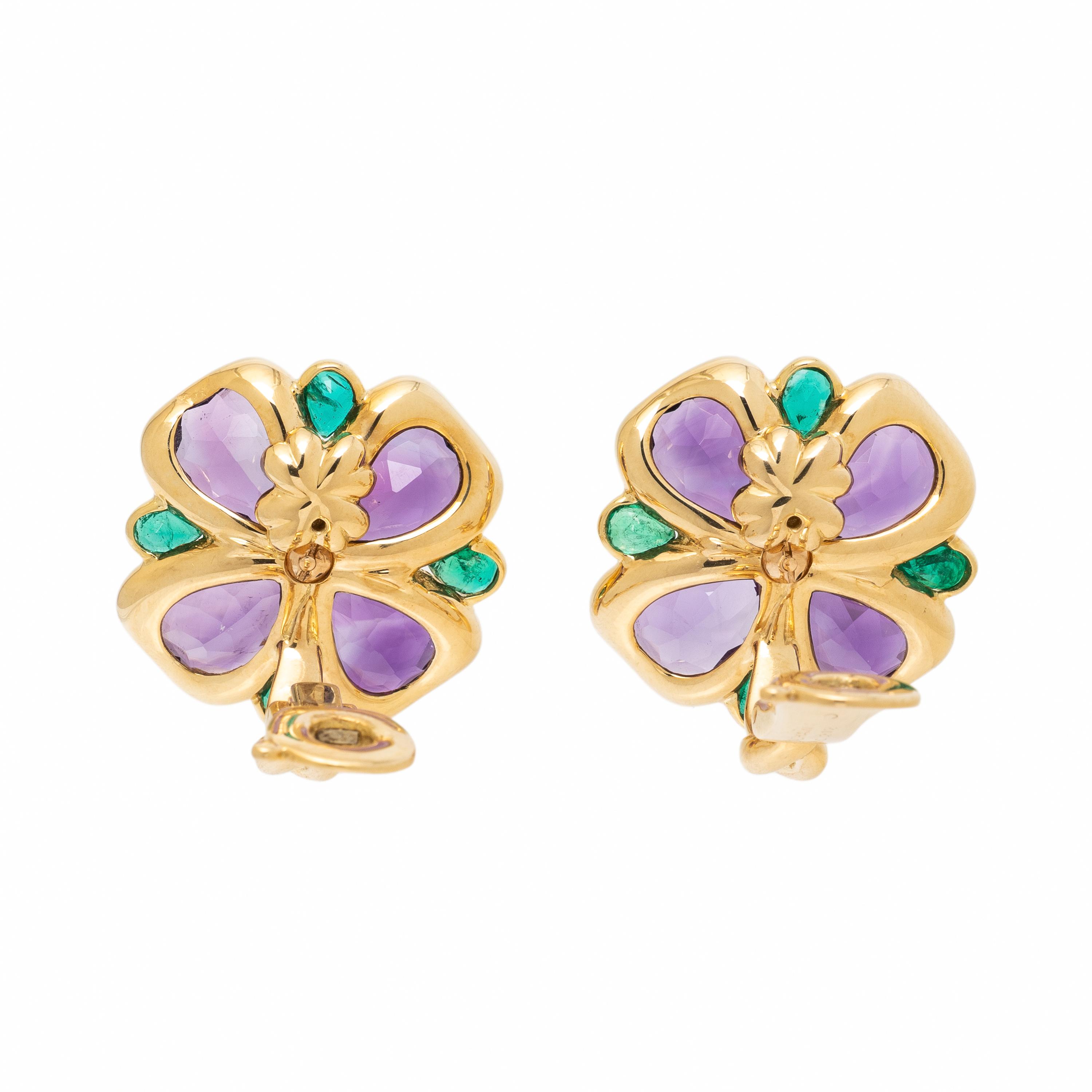 Chanel, Amethyst, Emerald, and Yellow Gold Clover Earrings