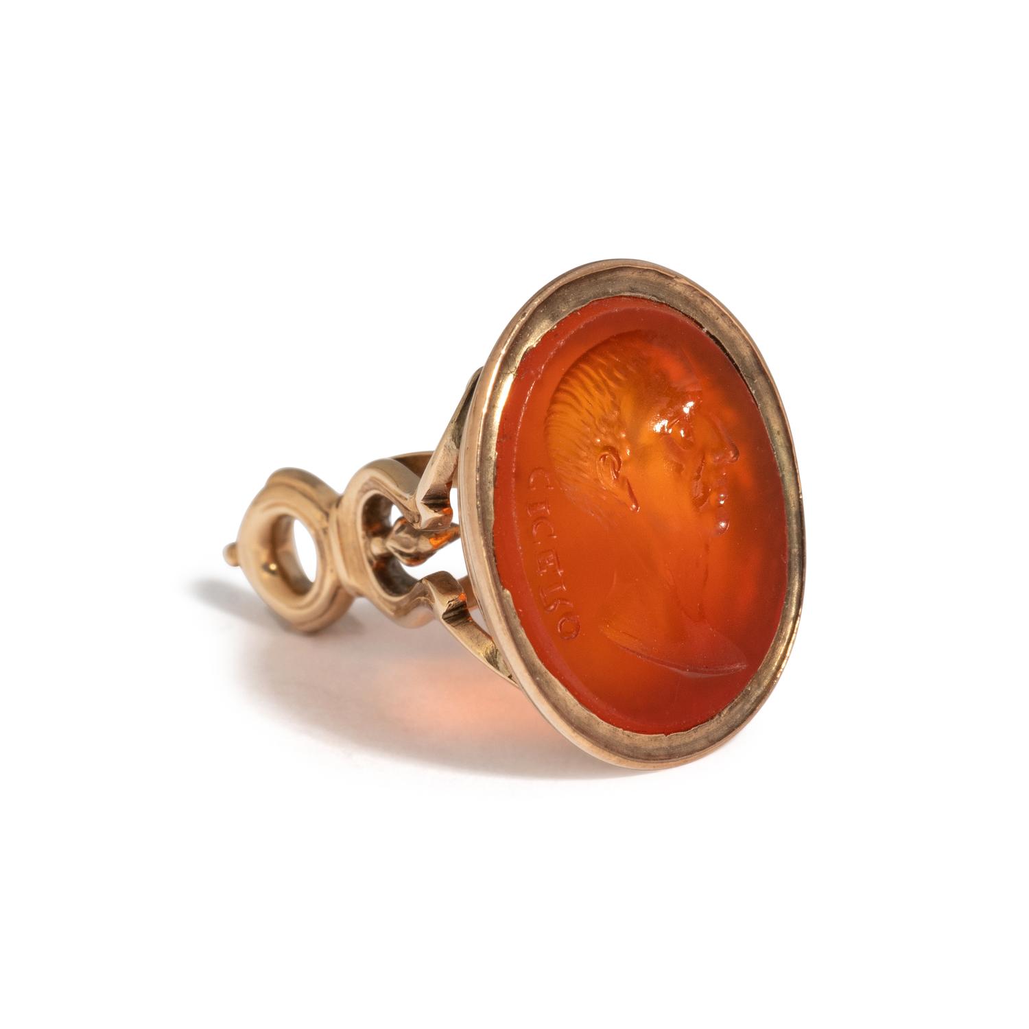 A Georgian Gold and Carnelian Intaglio Stamp with a Portrait Head of the Roman Cicero