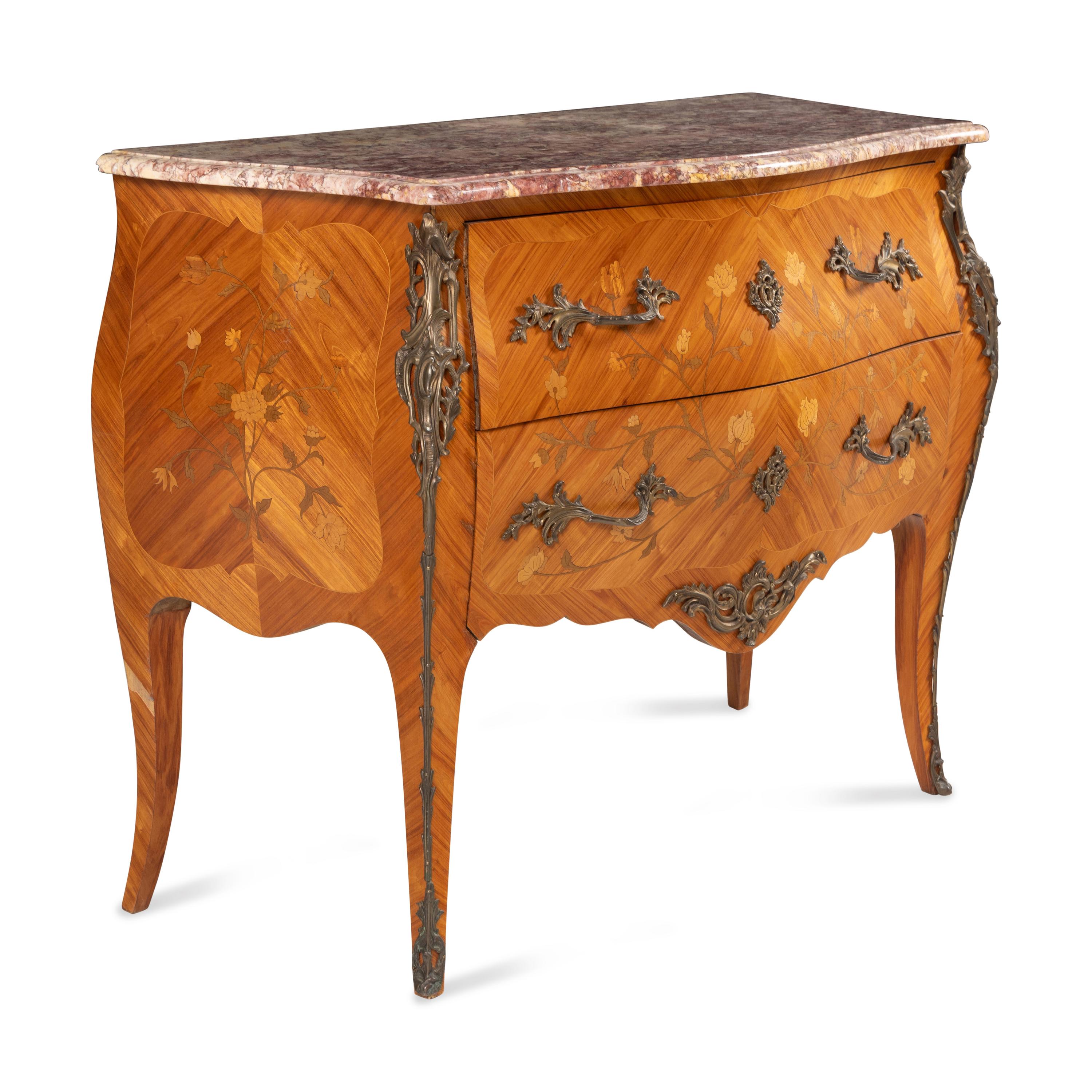 A Louis XV Style Gilt Bronze Mounted Tulipwood, Marquetry, and Spanish Brocatelle Marble-Top Commode