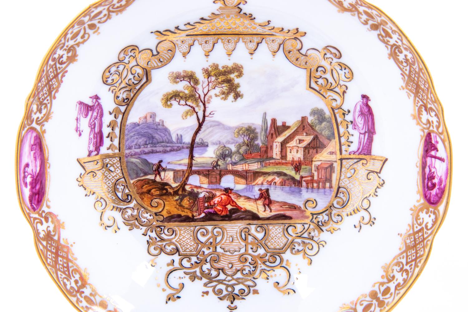 Three Meissen Painted and Parcel Gilt Porcelain Cup and Saucer Sets, a Covered Cup and Two Spoons