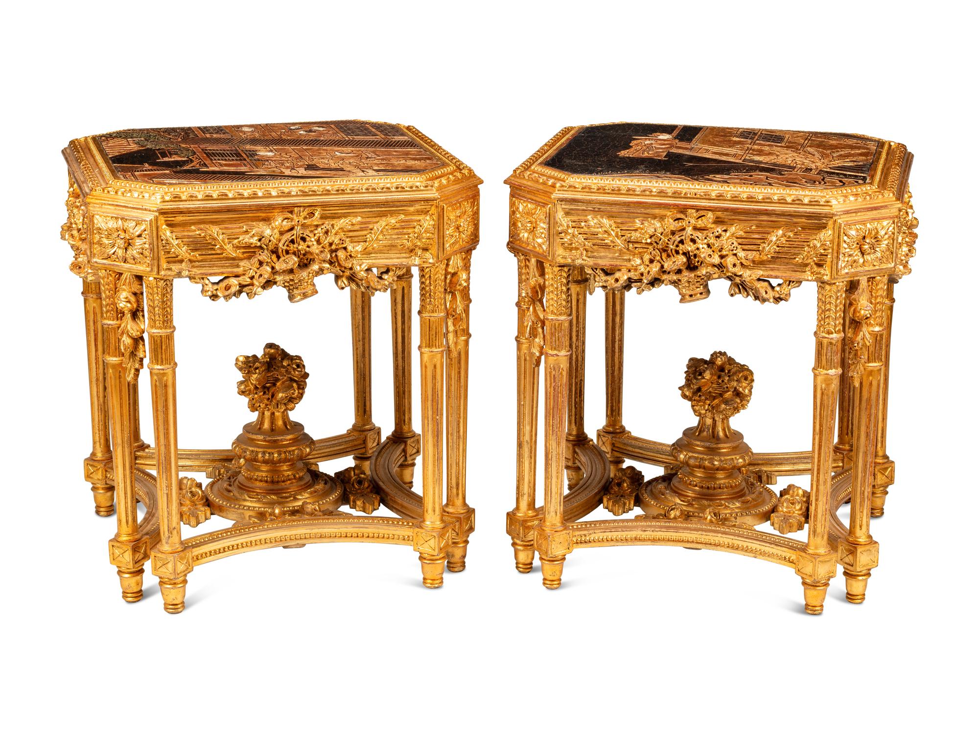 A Pair of Continental Giltwood and Chinese Lacquer Side Tables