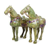 A Pair of Chinese Export Hardstone Veneered Tang Style Horses with Champlevé Decoration