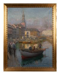 View from Gl. Strand in Copenhagen with fishermen by the canal