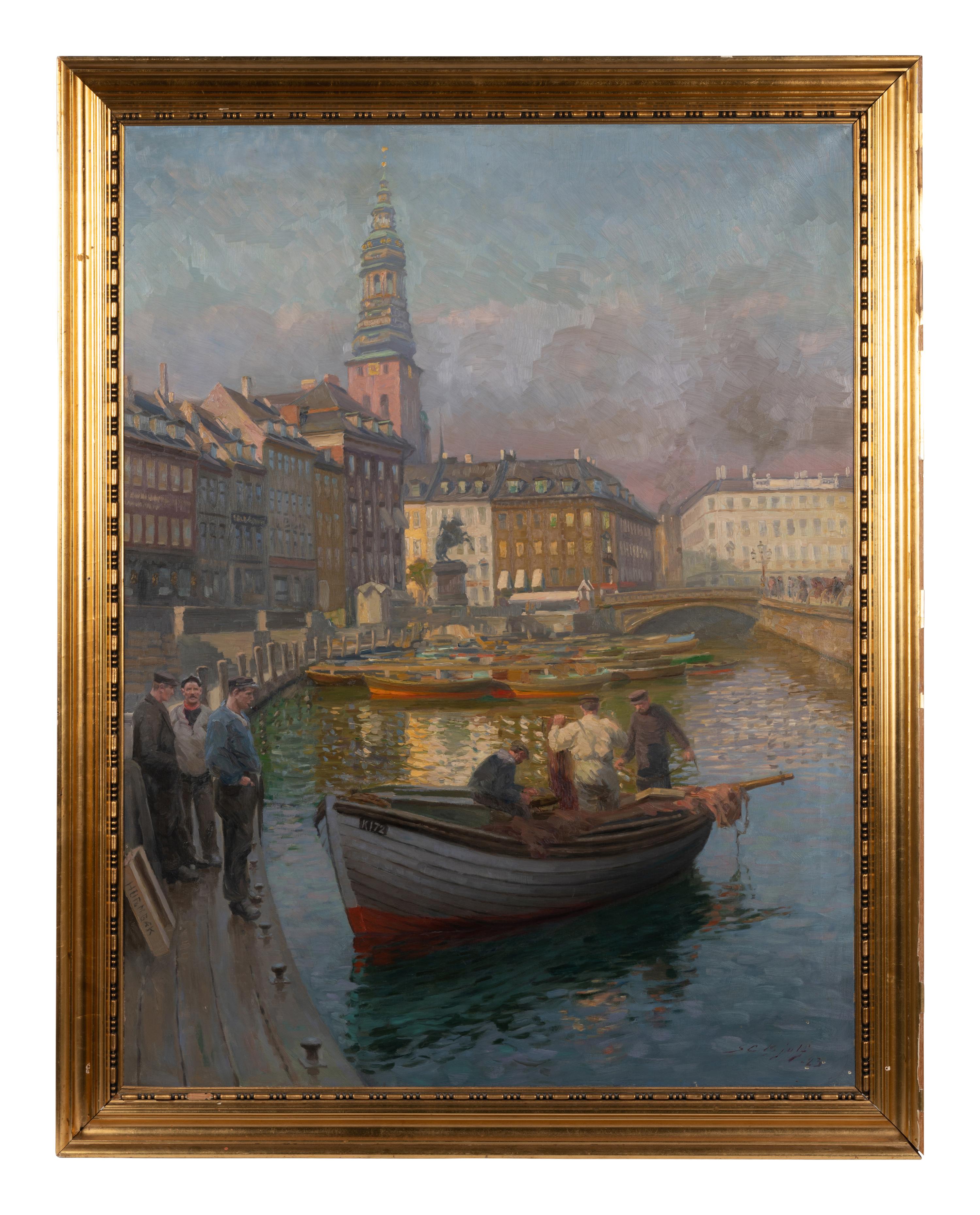 View from Gl. Strand in Copenhagen with fishermen by the canal