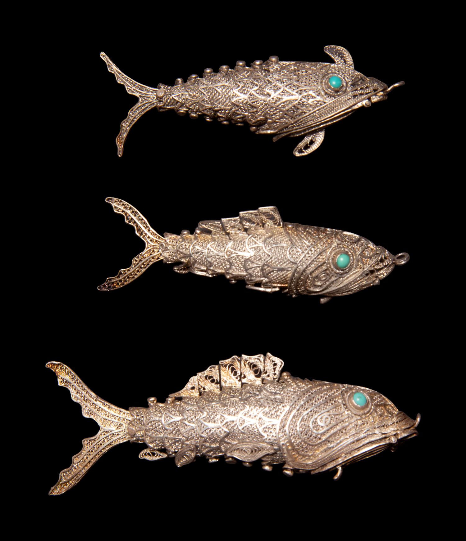 Three Chinese Reticulated Fish-Form Silver Parfumiers