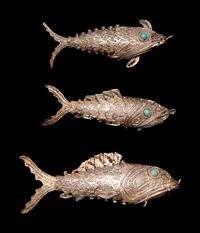 Three Chinese Reticulated Fish-Form Silver Parfumiers
