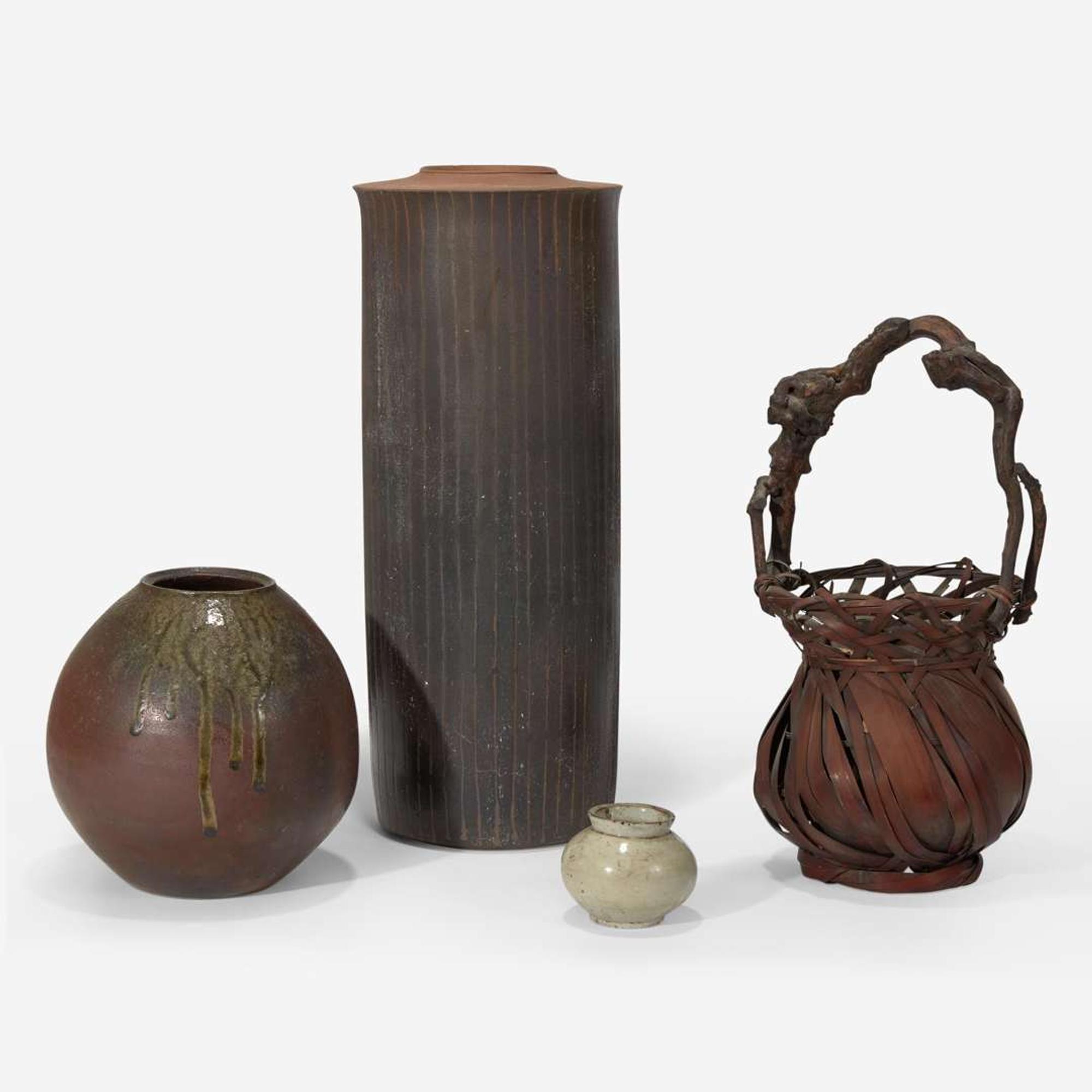 Asian Arts Group of Ceramics and a Basket, 19th/20th century