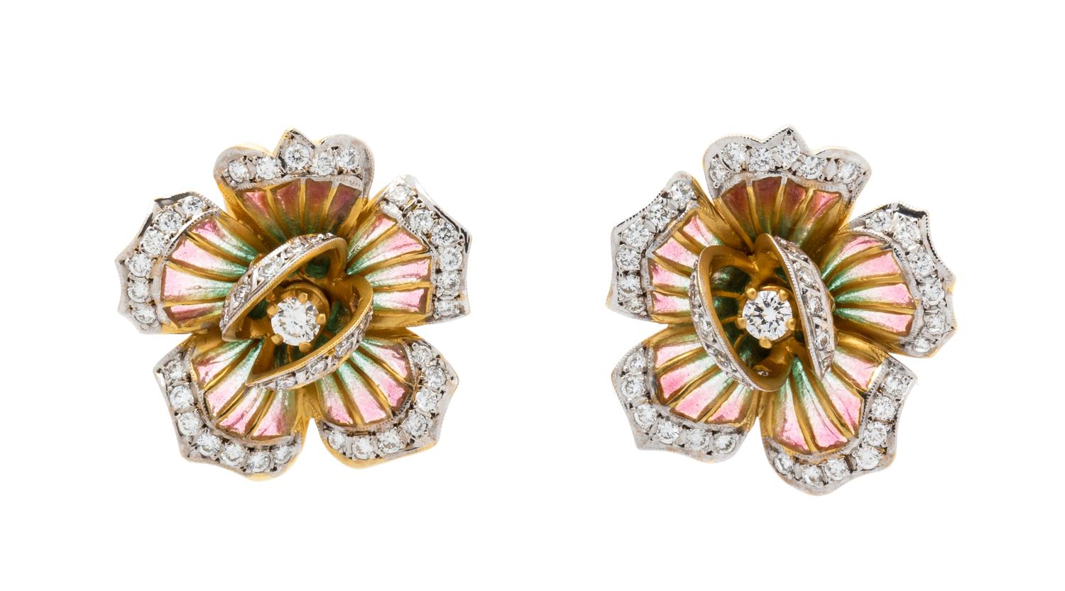 A Pair of 18 Karat Yellow Gold, Diamond and Plique-a-Jour Enamel Flower Earclips, Masriera, 9.10 dwts.