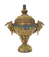 A Chinese Cloisonne Censer with Jade Ring Handles