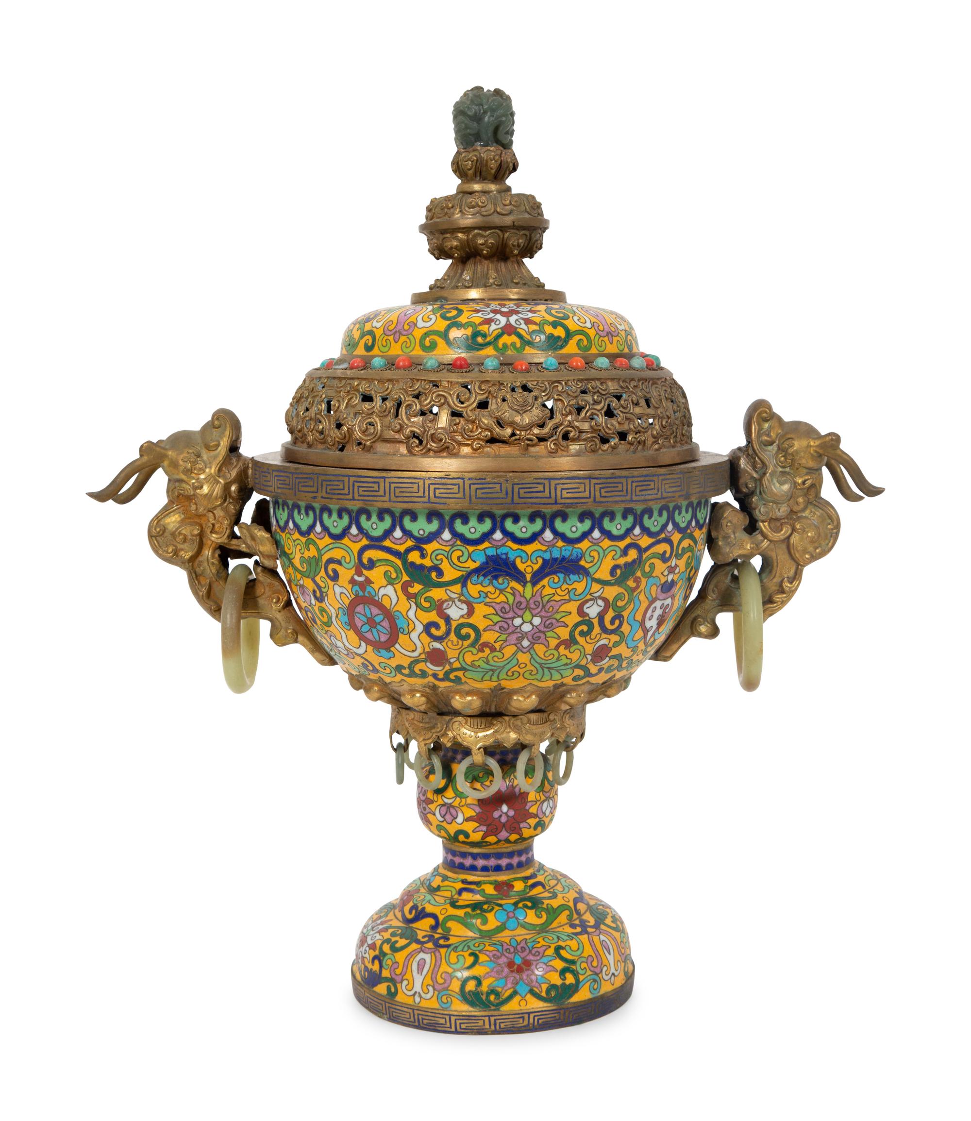 A Chinese Cloisonne Censer with Jade Ring Handles