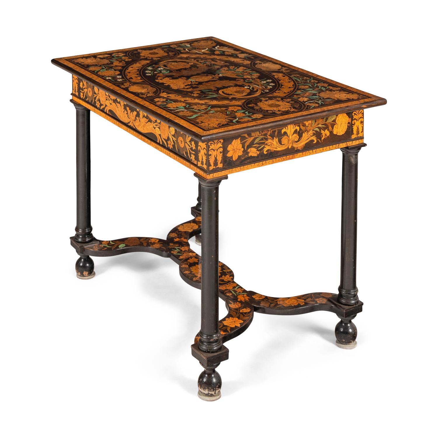 A Part-Ebonized Fruitwood Marquetry Console Table