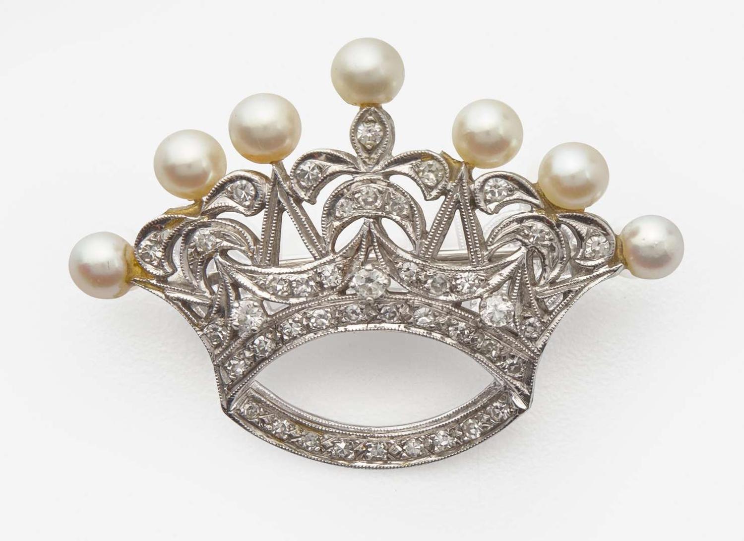 A 14K White Gold, Diamond, and Pearl Brooch