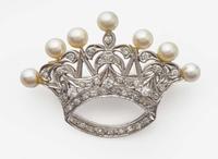 A 14K White Gold, Diamond, and Pearl Brooch