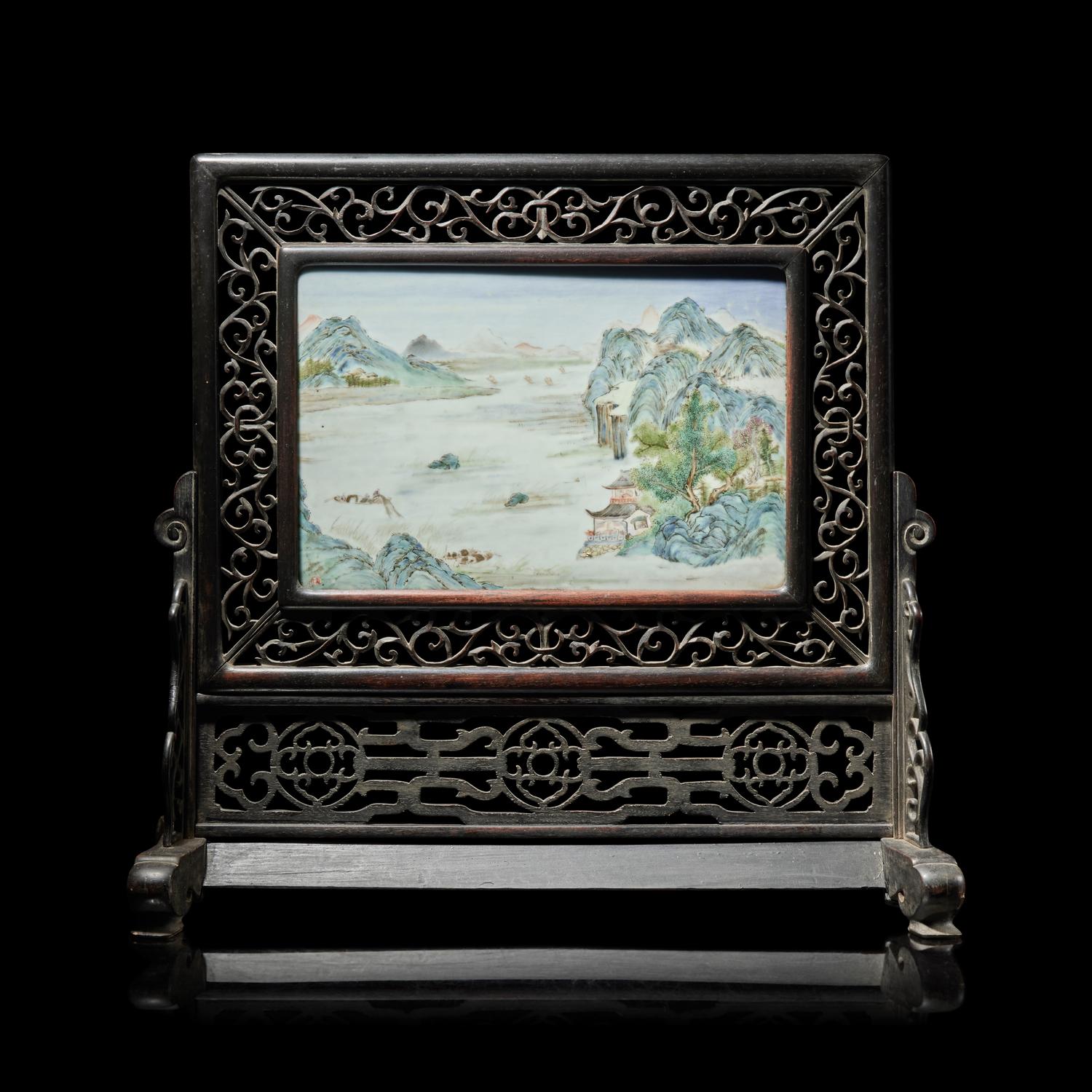 A Chinese Famille Rose Porcelain Inset Hardwood Table Screen — 硬木嵌粉彩山水圖桌屏