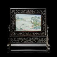 A Chinese Famille Rose Porcelain Inset Hardwood Table Screen — 硬木嵌粉彩山水圖桌屏