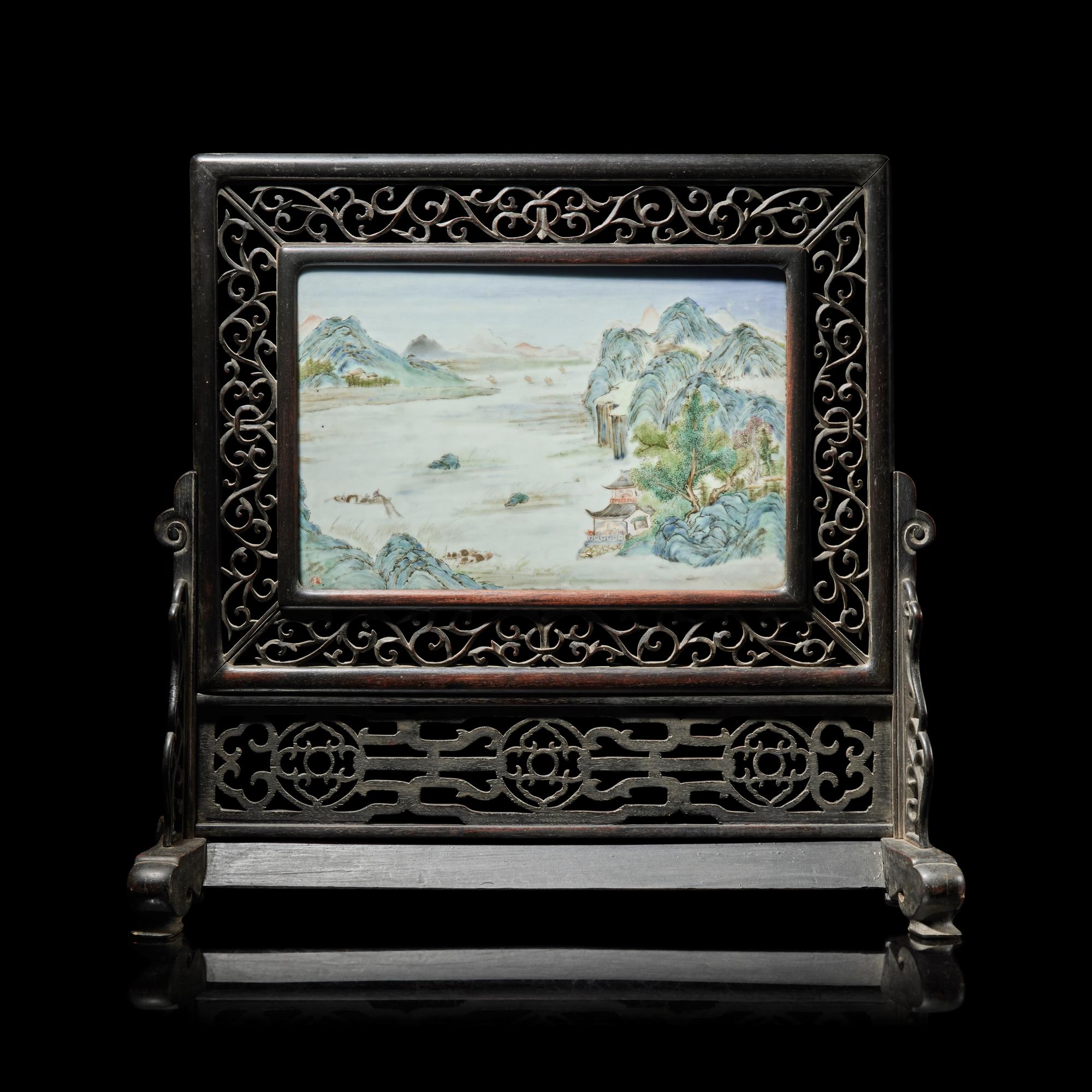 A Chinese Famille Rose Porcelain Inset Hardwood Table Screen — 硬木嵌粉彩山水圖桌屏