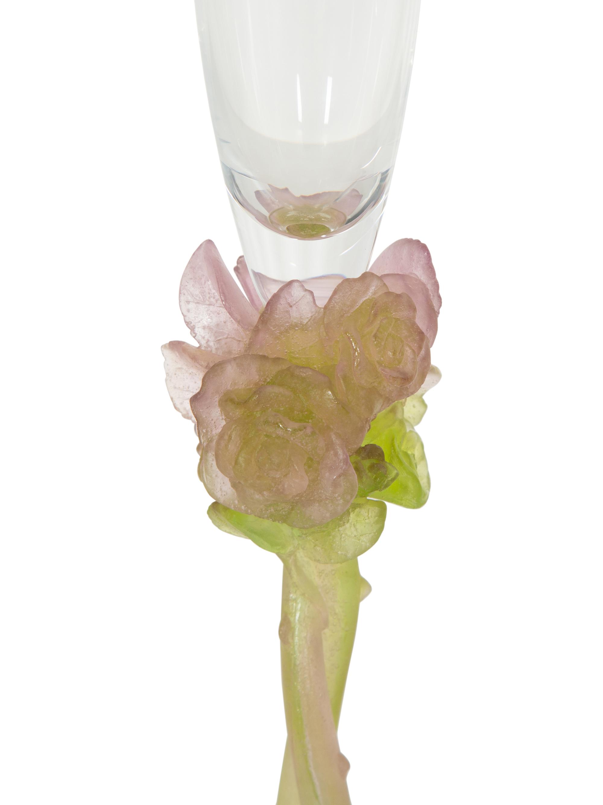A Set of Twelve Daum Pâte de Verre and Colorless Glass Roses Champagne Flutes