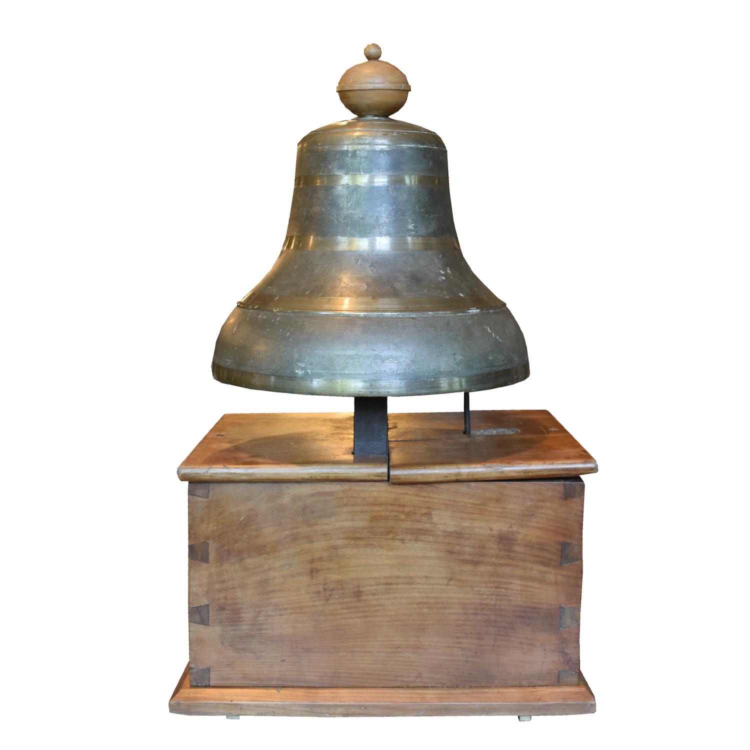A Bronze Time Clock Bell on Wood Base 13.5" W x 11.5" D x 24.5" H — Italy