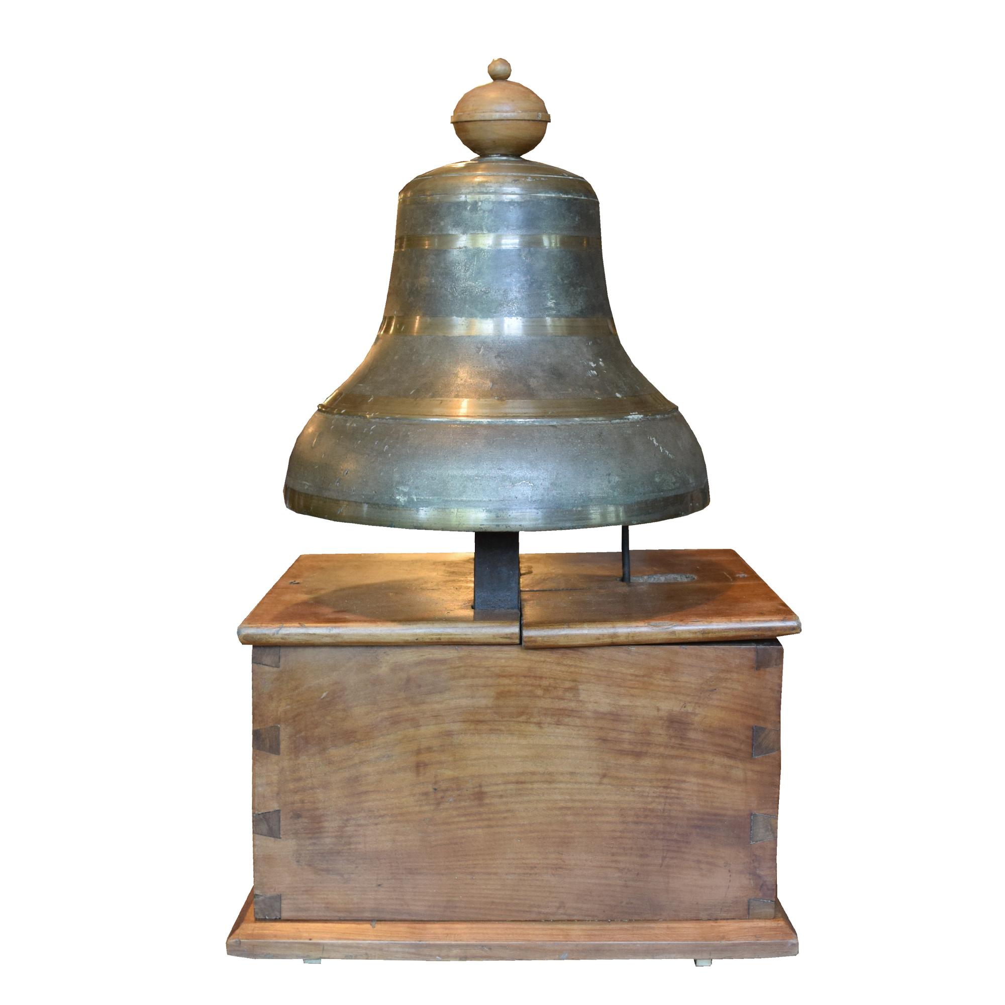 A Bronze Time Clock Bell on Wood Base 13.5" W x 11.5" D x 24.5" H — Italy
