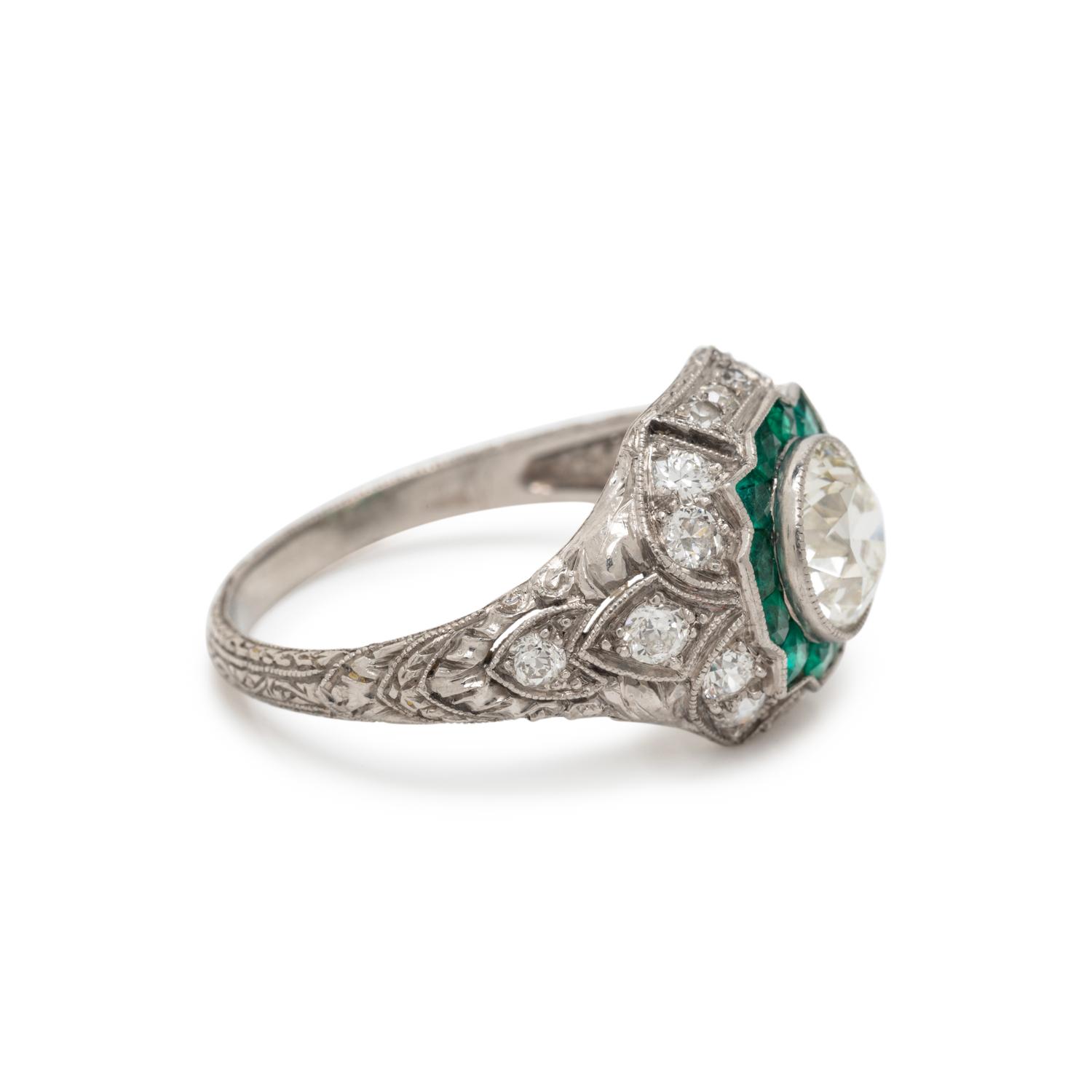 ART DECO, PLATINUM, DIAMOND AND EMERALD RING