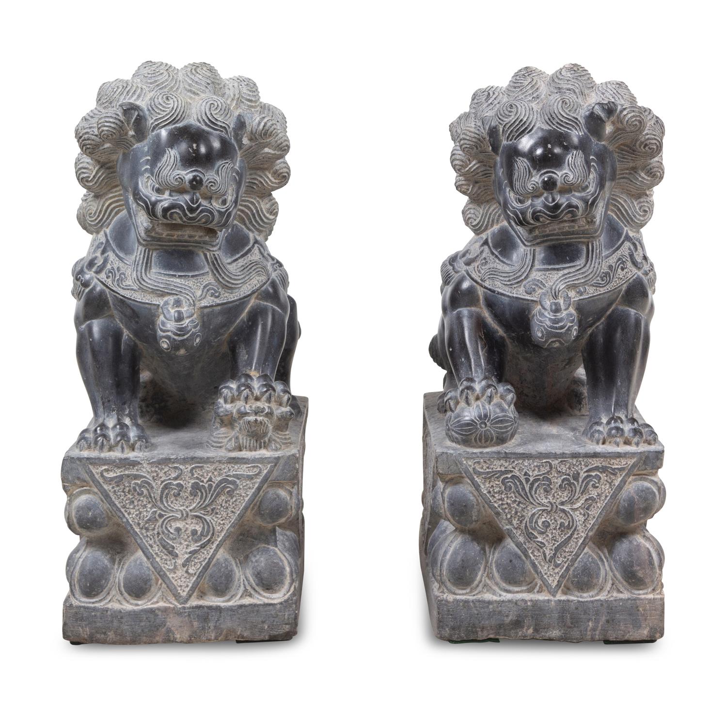 A Pair of Chinese Carved Stone Temple Lions