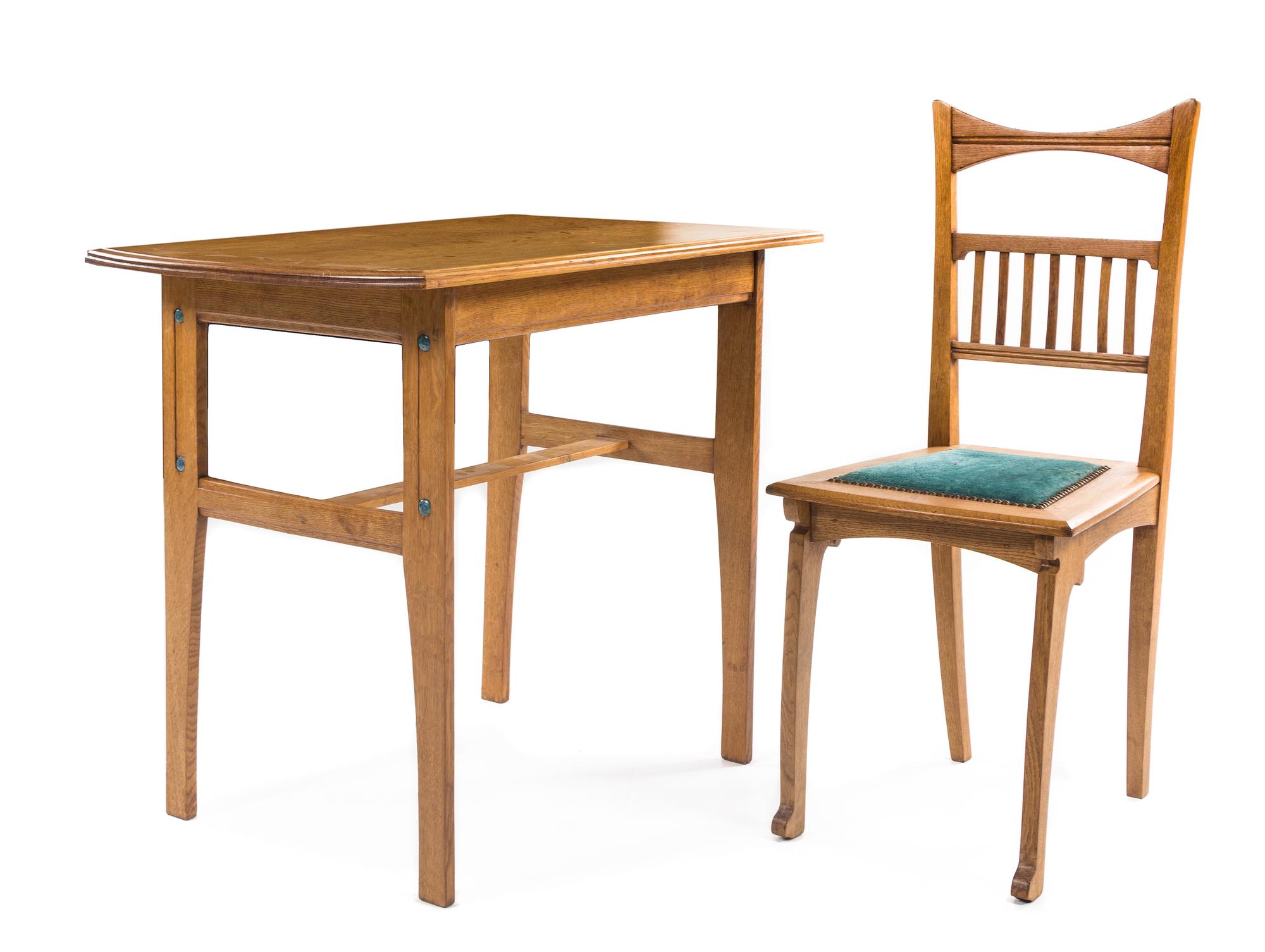 A Belgian Art Nouveau Table and Chair Height of table 29 3/8 x width 35 1/2 x depth 23 1/4 inches. — FIRST HALF 20TH CENTURY