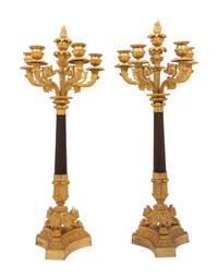 A Pair of Neoclassical Gilt and Patinated Bronze Six-Light Candelabra