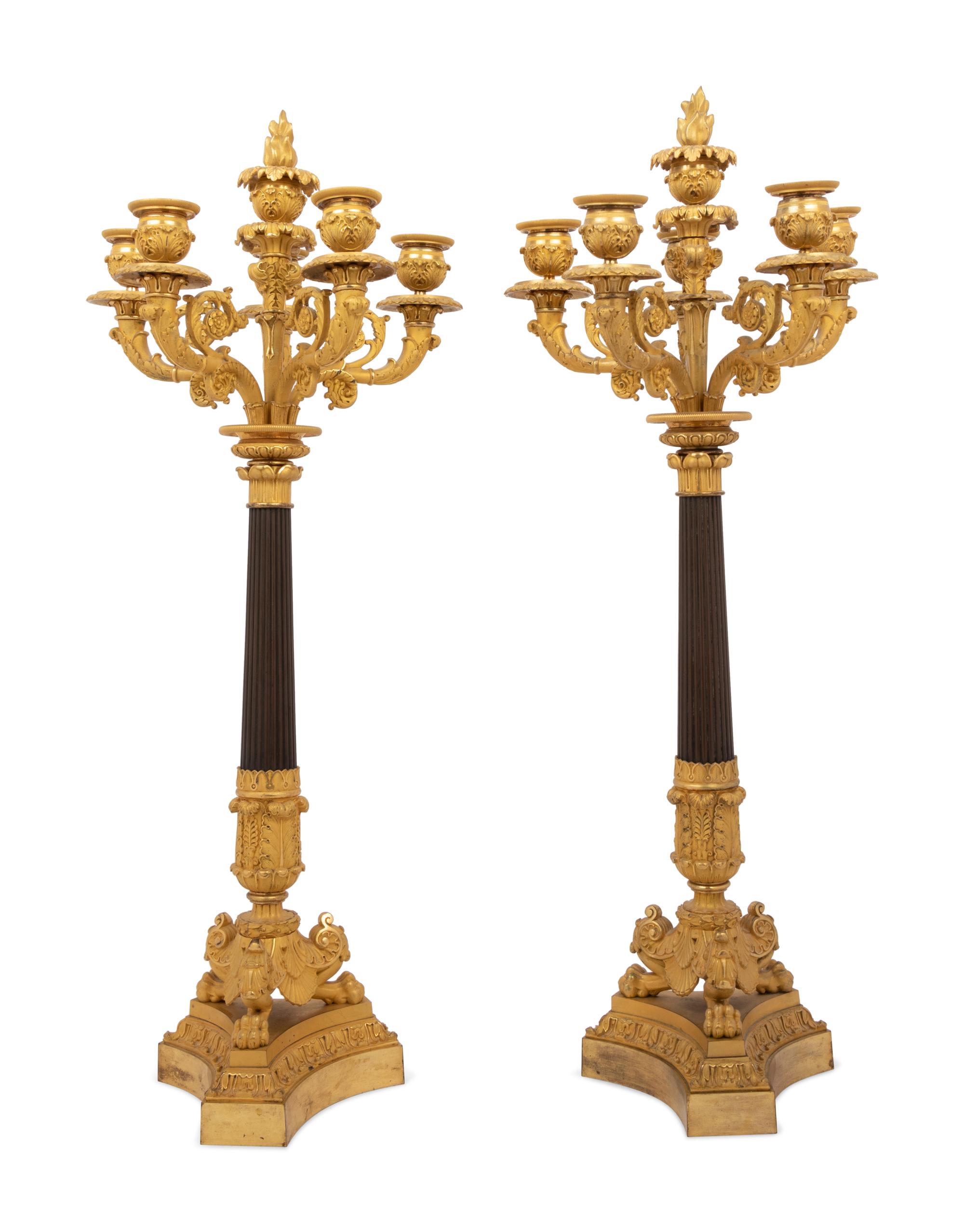 A Pair of Neoclassical Gilt and Patinated Bronze Six-Light Candelabra