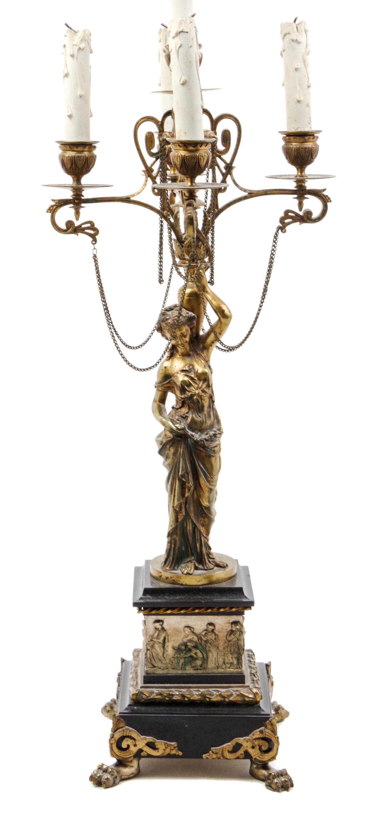 A Neoclassical Gilt Metal Five-Light Figural Candelabrum Height 33 inches.