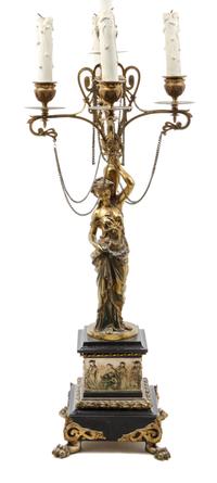 A Neoclassical Gilt Metal Five-Light Figural Candelabrum Height 33 inches.