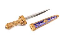 An Eastern European Silvered, Jeweled and Enameled Dagger Length 11 1/2 inches.
