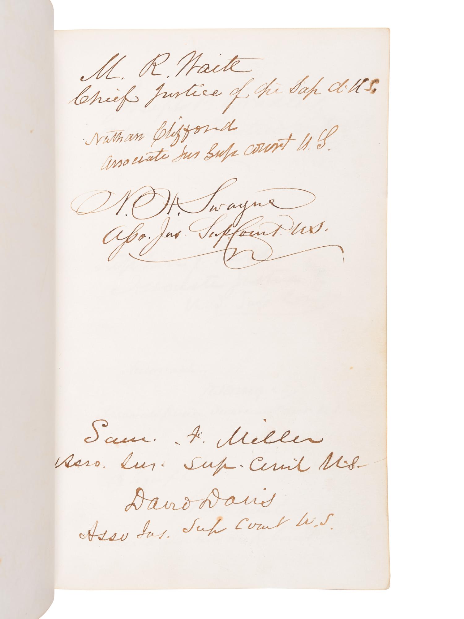 [GRANT, Ulysses S. (1822-1885), and others—AUTOGRAPH ALBUM]. An autograph album, c.1870s, assembling more than 350 signatures and inscriptions by President Ulysses S. Grant, members of his Cabinet (c.1873-74), Supreme Court Justices, Congressman, Senators, and various other prominent American political leaders and statesmen.