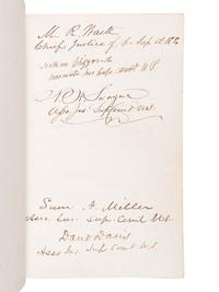 [GRANT, Ulysses S. (1822-1885), and others—AUTOGRAPH ALBUM]. An autograph album, c.1870s, assembling more than 350 signatures and inscriptions by President Ulysses S. Grant, members of his Cabinet (c.1873-74), Supreme Court Justices, Congressman, Senators, and various other prominent American political leaders and statesmen.